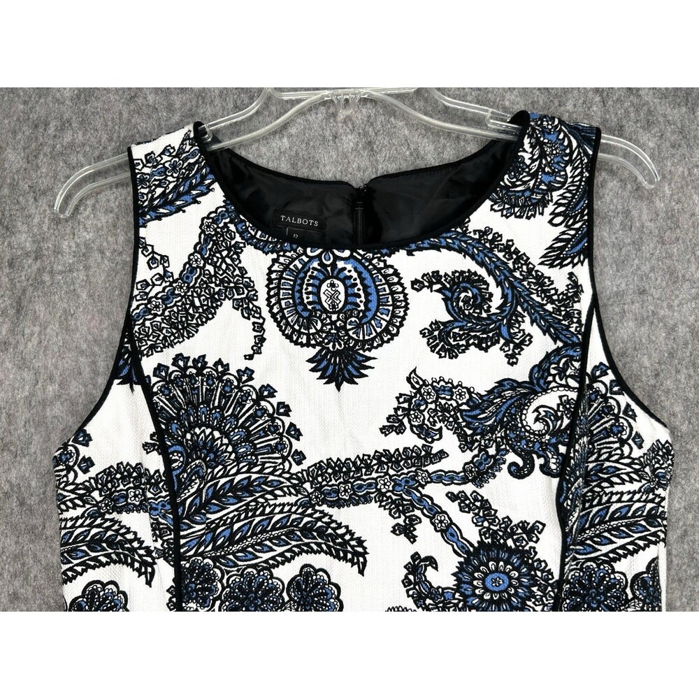 Talbots Sleeveless White Black Blue Paisley Mini Dress Size 12 - Picture 2 of 9
